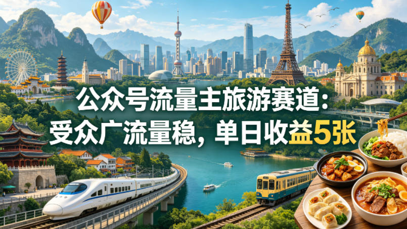 公众号流量主之旅游赛道,受众广+流量稳,平均单日收益5张+-极光库