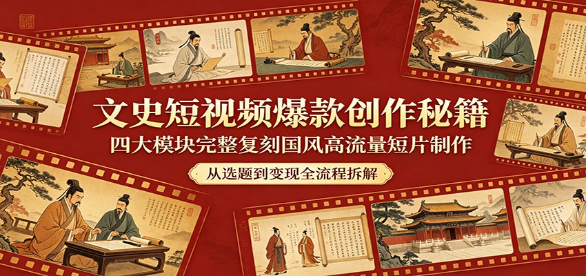 文史短视频爆款创作秘籍：四大模块完整复刻国风高流量短片制作-极光库