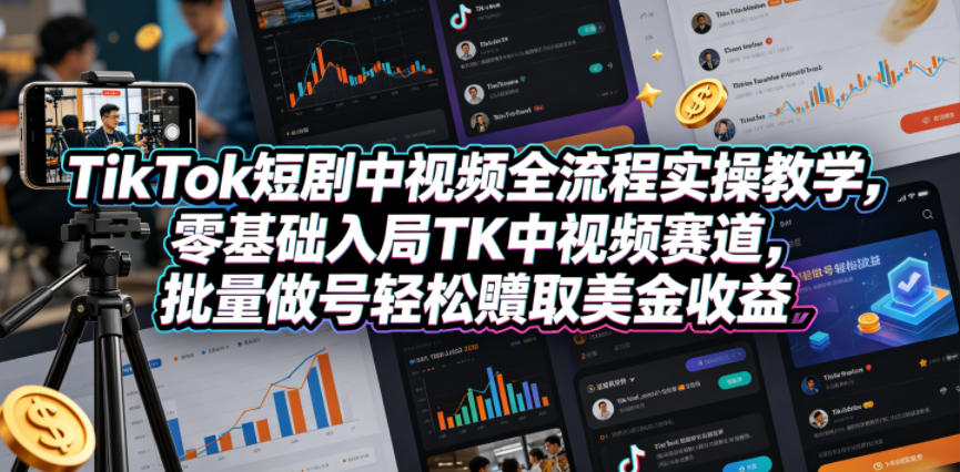TikTok短剧中视频全流程实操教学，零基础入局TK中视频赛道，批量做号轻松賺取美金收益-极光库