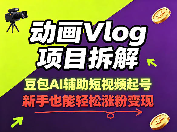 动画Vlog项目拆解,豆包AI辅助短视频起号,新手也能轻松涨粉,43条作品涨粉8.3W-极光库