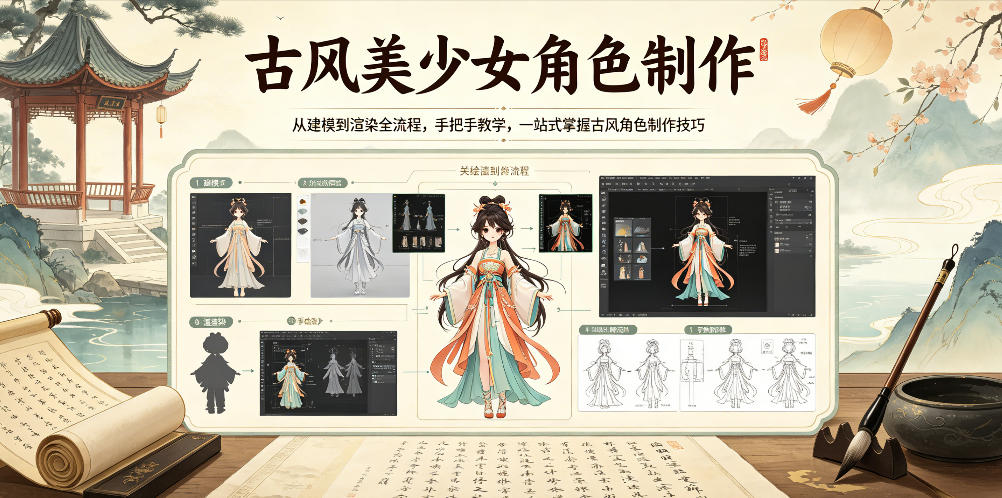 古风美少女角色制作，从建模到渲染全流程，手把手教学，一站式掌握古风角色制作技巧-极光库