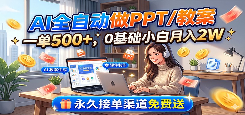 AI全自动做PPT/教案，一单500+，0基础小白月入2W，永久接单渠道免费送-极光库