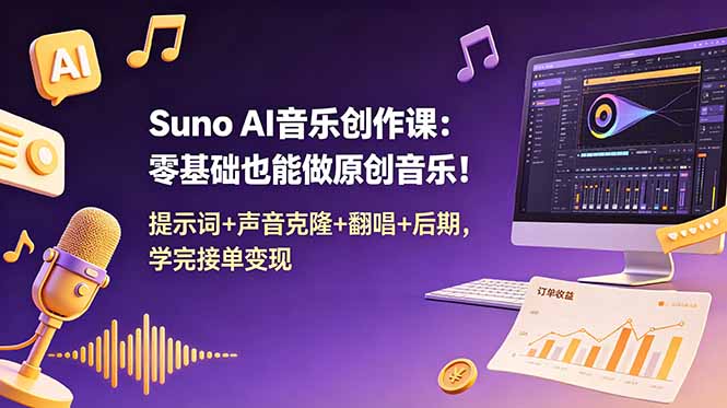 Suno AI音乐创作课:零基础也能做原创音乐!提示词+声音克隆+翻唱+后期,学完接单变现-极光库