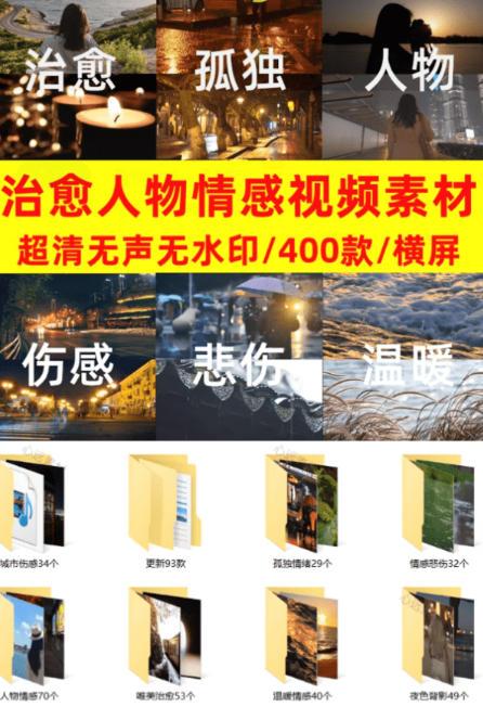 爆款短视频常用视频素材!抖音治愈伤感人物情感视频素材,400款合集,无声无水印,视频感氛围拉满-极光库