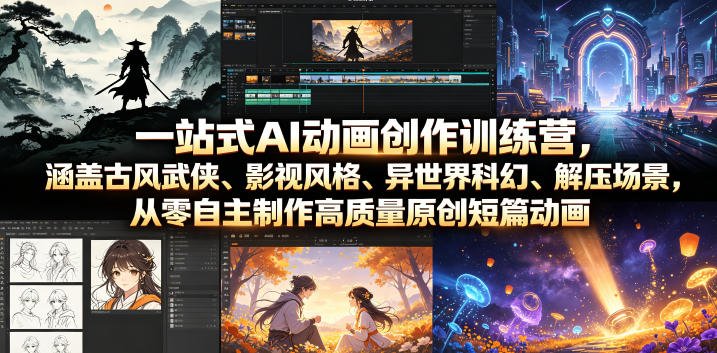 一站式AI动画创作训练营，涵盖古风武侠、影视风格、异世界科幻、解压场景，从零自主制作高质量原创短篇动画-极光库