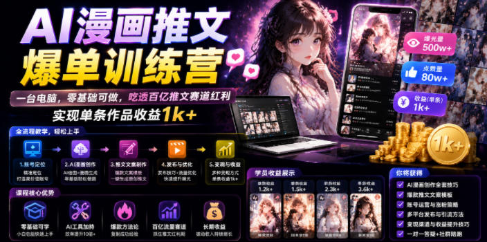 AI漫画推文爆单训练营,一台电脑,零基础可做,吃透百亿推文赛道红利,实现单条作品收益1k+-极光库